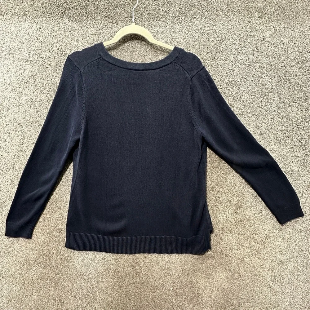 Talbots Blouse Top Women Medium Navy Blue Lace Up‎ V Neck Long Sleeve - Picture 2 of 6